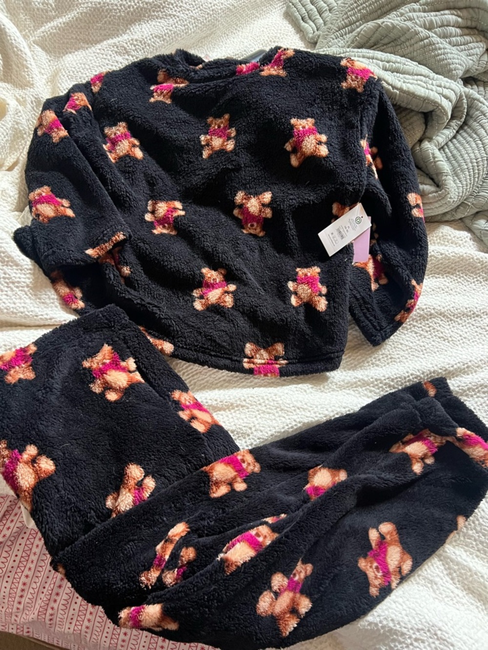 Black Plush Teddy Bear Print Lounge Set - NWT XL